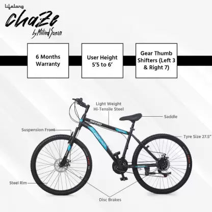 Lifelong Chaze by Milind Soman SGX 20 CZBC2794 27.5T with Dual Disc 21 Speed 27.5 T Mountain/Hardtail Cycle (21 Gear, Black) Lifelong Chaze by Milind Soman SGX 20 CZBC2794 27.5T with Dual Disc 21 Speed 27.5 T Mountain/Hardtail Cycle (21 Gear, Black)